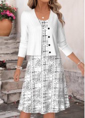zweiteiliges weißes geometrisches Print-Kleid mit Rundhalsausschnitt und passender Strickjacke von Rotita