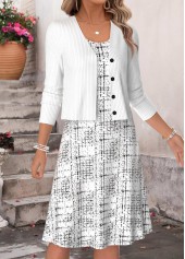 White dresses,Geometric dresses,Everyday dresses,Casual dresses,ROTITA White Geometric Print Two-piece Round Neck Dress and Cardigan