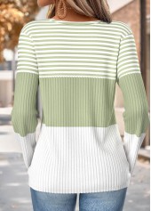 Light Green tops,Striped tops,Geometric tops,ROTITA Button Striped Light Green Split Neck T Shirt