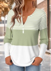 Light Green tops,Striped tops,Geometric tops,ROTITA Button Striped Light Green Split Neck T Shirt