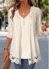 ROTITA Beige V Neck Long Sleeve Fake Two Piece Twinset