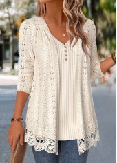 Beige tops,Plain Color tops,ROTITA Beige V Neck Long Sleeve Fake Two Piece Twinset