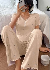 Champagne loungewear,Heart loungewear,Heart Print Champagne V Neck Lounge Top and Pants