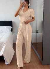Champagne loungewear,Heart loungewear,Heart Print Champagne V Neck Lounge Top and Pants