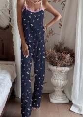 Navy loungewear,Floral loungewear,Plants loungewear,Floral Print Navy Scoop Neck Lounge Top and Pants