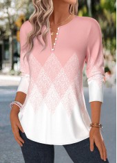 Light Pink tops,Geometric tops,ROTITA Tuck Stitch Geometric Print Light Pink Split Neck Blouse