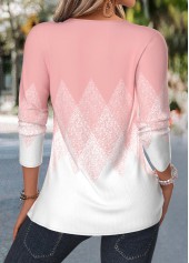 Light Pink tops,Geometric tops,ROTITA Tuck Stitch Geometric Print Light Pink Split Neck Blouse