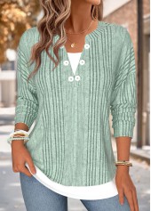 Sage Green tops,Contrast Color tops,ROTITA Fake 2in1 Sage Green Split Neck T Shirt