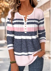 ROTITA Tuck Stitch Striped Multi Color Split Neck T Shirt