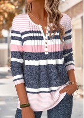 Multi Color tops,Striped tops,Geometric tops,ROTITA Tuck Stitch Striped Multi Color Split Neck T Shirt