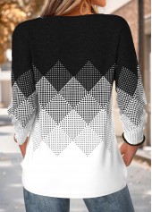 Black tops,Geometric tops,ROTITA Curved Hem Geometric Print Black Round Neck T Shirt