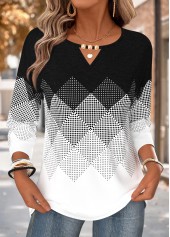 ROTITA Curved Hem Geometric Print Black Round Neck T Shirt