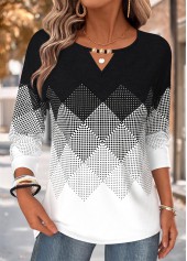 Black tops,Geometric tops,ROTITA Curved Hem Geometric Print Black Round Neck T Shirt