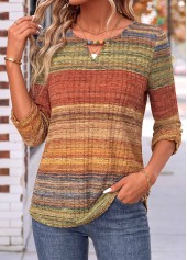 Multi Color tops,Geometric tops,ROTITA Shirred Geometric Print Multi Color 3/4 Sleeve Blouse