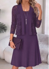 Purple dresses,Plain Color dresses,Everyday dresses,Casual dresses,ROTITA Purple Two-piece Round Neck Half Sleeve Dress and Cardigan