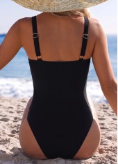Black swimwear,Plain Color swimwear,ROTITA Black Surplice Mid Waisted One Piece Swimdress