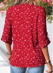 Red tops,Geometric tops,ROTITA Patchwork Geometric Print Red Split Neck 3/4 Sleeve Shirt
