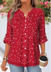 ROTITA Patchwork Geometric Print Red Split Neck 3/4 Sleeve Shirt