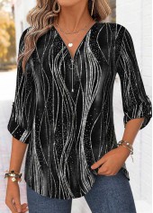 ROTITA Curved Hem Ombre Black V Neck 3/4 Sleeve Blouse