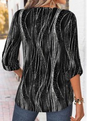 Black tops,Ombre tops,ROTITA Curved Hem Ombre Black V Neck 3/4 Sleeve Blouse