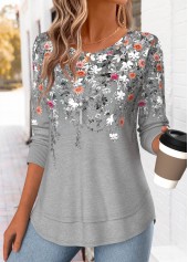 Light Grey Marl tops,Floral tops,Plants tops,ROTITA Fake 2in1 Floral Print Light Grey Marl T Shirt