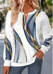 ROTITA Zipper Geometric Print White Round Neck Long Sleeve Sweatshirt