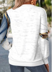 White tops,Geometric tops,ROTITA Zipper Geometric Print White Round Neck Long Sleeve Sweatshirt