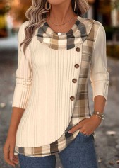 Rotita Patchwork-Karo-T-Shirt in Beige mit drapiertem Kragen und langen Ärmeln