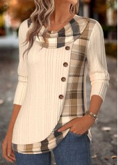Beige tops,Plaid tops,Geometric tops,ROTITA Patchwork Plaid Beige Draped Neck Long Sleeve T Shirt