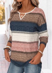 Multi Color tops,Striped tops,Geometric tops,ROTITA Beaded Striped Multi Color Round Neck T Shirt