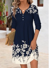 ROTITA Navy Floral Print Tummy Coverage Split Neck Dress