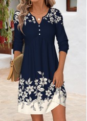 Navy dresses,Floral dresses,Plants dresses,Everyday dresses,Casual dresses,ROTITA Navy Floral Print Tummy Coverage Split Neck Dress