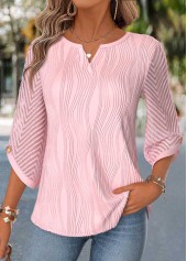 ROTITA Curved Hem Light Pink Split Neck 3/4 Sleeve Blouse
