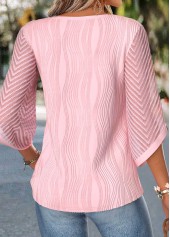 Light Pink tops,Plain Color tops,ROTITA Curved Hem Light Pink Split Neck 3/4 Sleeve Blouse