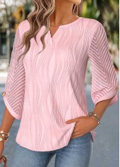 Light Pink tops,Plain Color tops,ROTITA Curved Hem Light Pink Split Neck 3/4 Sleeve Blouse