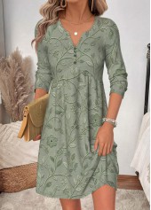 ROTITA Sage Green Floral Print Shirred Short Split Neck Dress