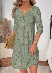 Sage Green dresses,Floral dresses,Plants dresses,Everyday dresses,Casual dresses,ROTITA Sage Green Floral Print Shirred Short Split Neck Dress