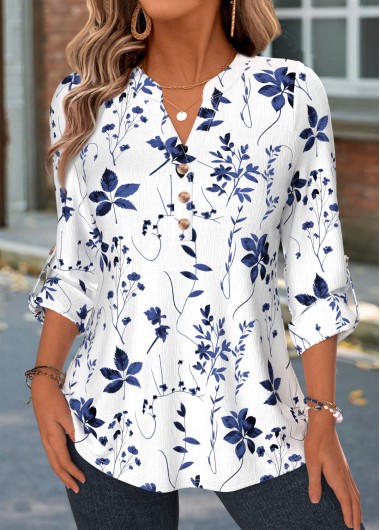 Blue tops,Floral tops,Plants tops,ROTITA Curved Hem Floral Print Blue Split Neck Shirt