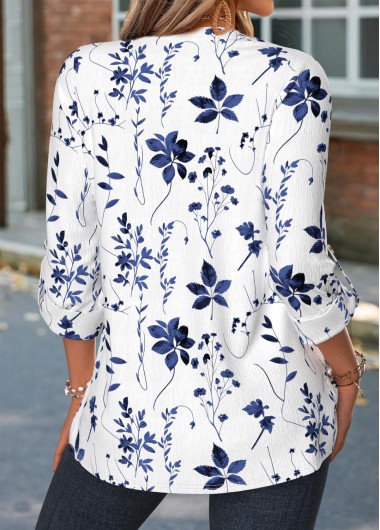 Blue tops,Floral tops,Plants tops,ROTITA Curved Hem Floral Print Blue Split Neck Shirt