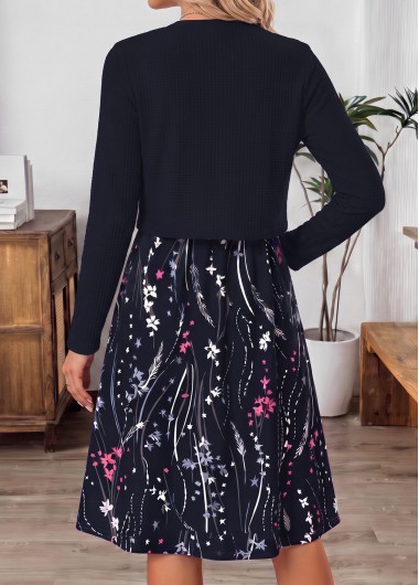 Navy dresses,Floral dresses,Plants dresses,Everyday dresses,Casual dresses,ROTITA Navy Floral Print Two-piece V Neck Dress and Cardigan