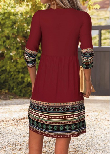 Wine Red dresses,Tribal dresses,Everyday dresses,Casual dresses,ROTITA Wine Red Tribal Print Shirred Short Split Neck Dress