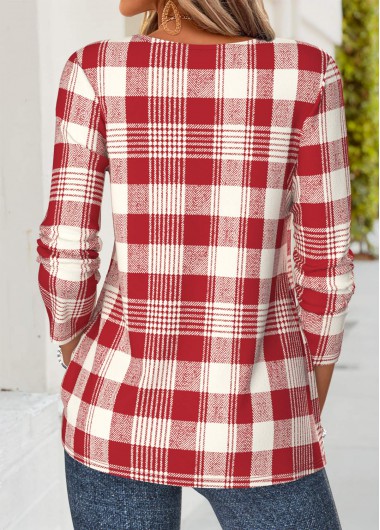 Red tops,Plaid tops,Geometric tops,ROTITA Tuck Stitch Plaid Red Split Neck T Shirt