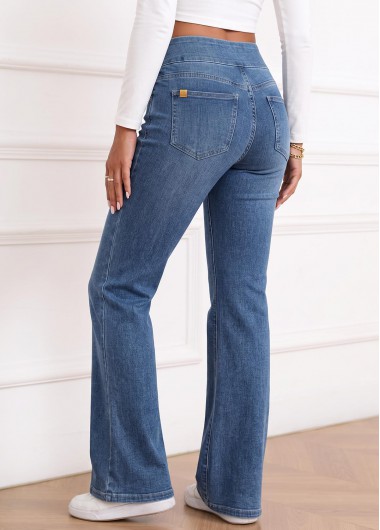 Denim Blue bottoms,Plain Color bottoms,ROTITA Soft Denim Blue Flare Leg Elastic Waist Jeans