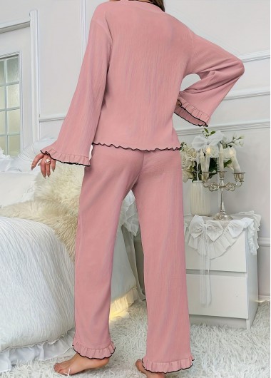 Pink loungewear,Contrast Color loungewear,Pink V Neck Long Sleeve Lounge Top and Pants