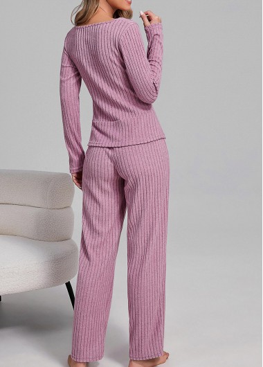Pink loungewear,Plain Color loungewear,Pink Scoop Neck Long Sleeve Lounge Top and Pants