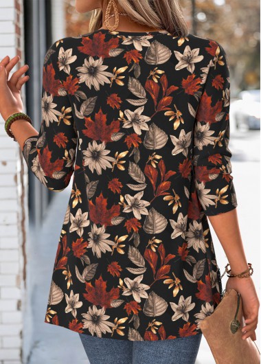 Black tops,Plants tops,ROTITA Leaf Print Black V Neck Fake Two Piece Twinset
