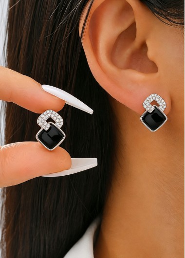Black jewelry,Square Black Alloy Detail Ear Studs