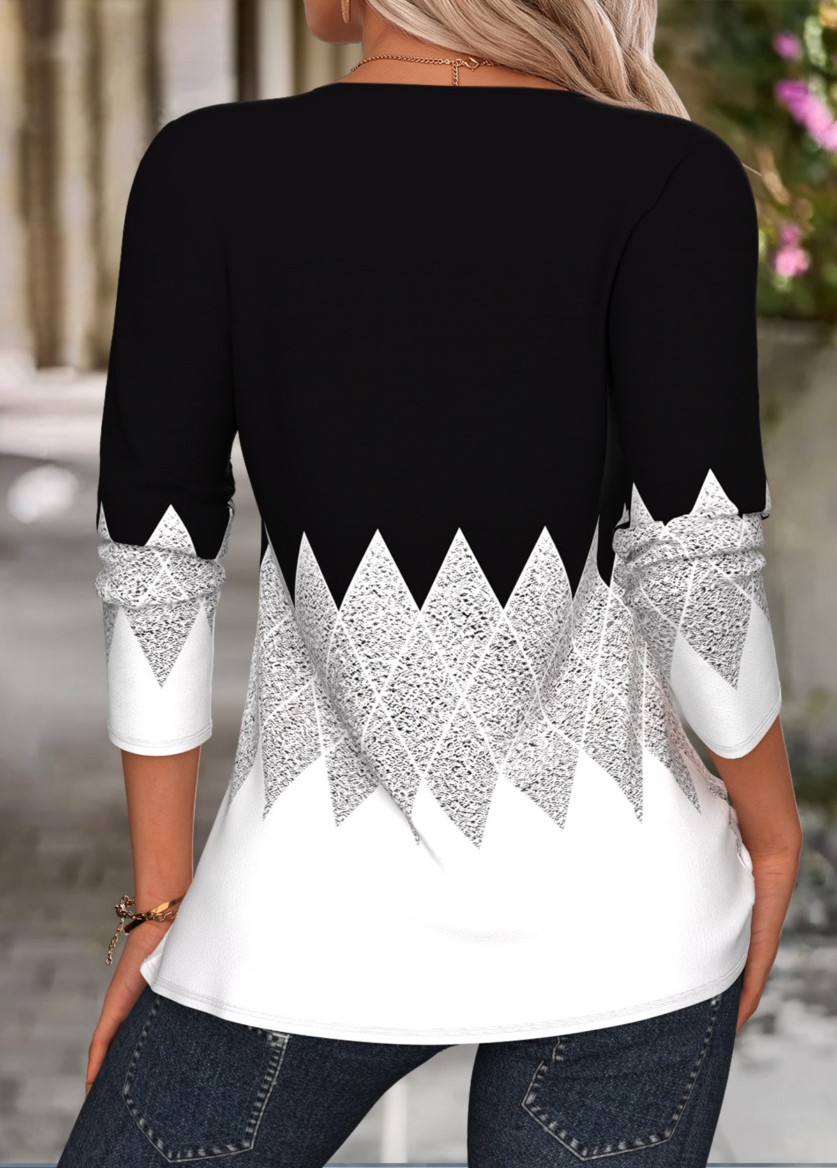 Black tops,Geometric tops,ROTITA Tuck Stitch Geometric Print Black Split Neck T Shirt