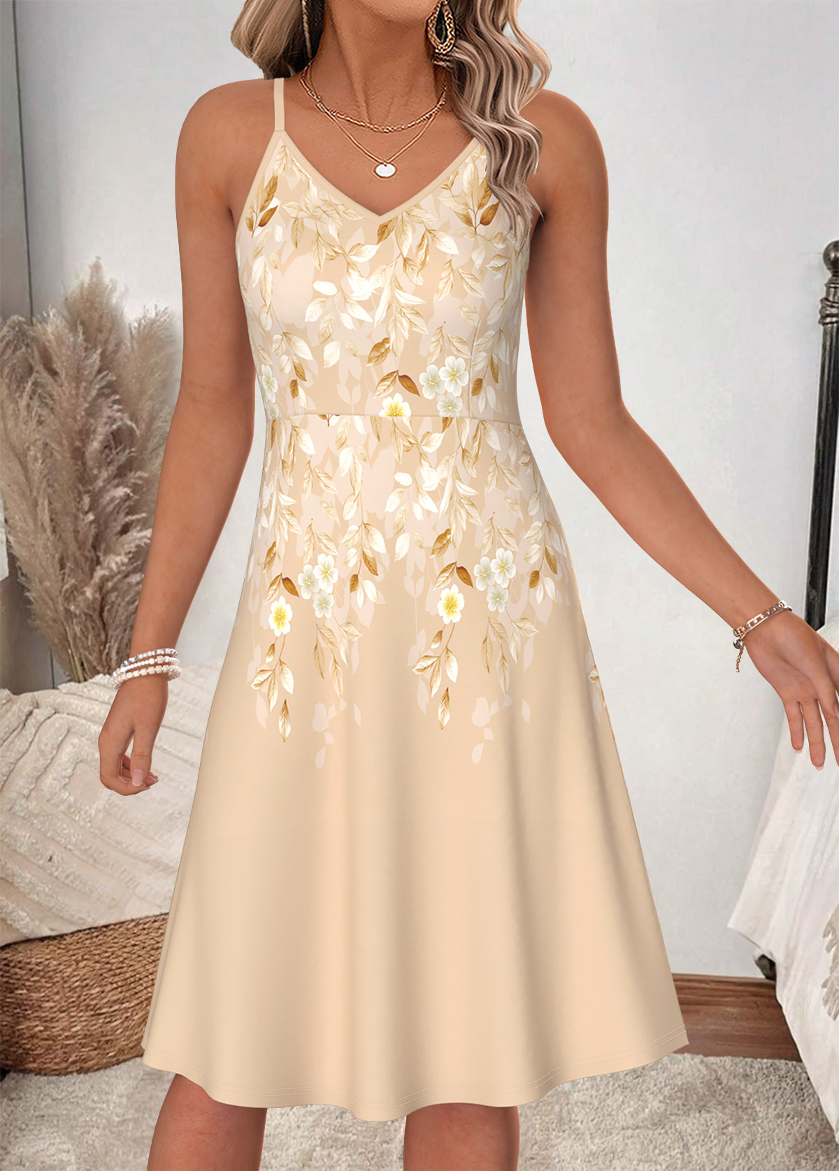 Beige dresses,Floral dresses,Plants dresses,Everyday dresses,Casual dresses,ROTITA Beige Floral Print Two-piece V Neck Dress and Cardigan