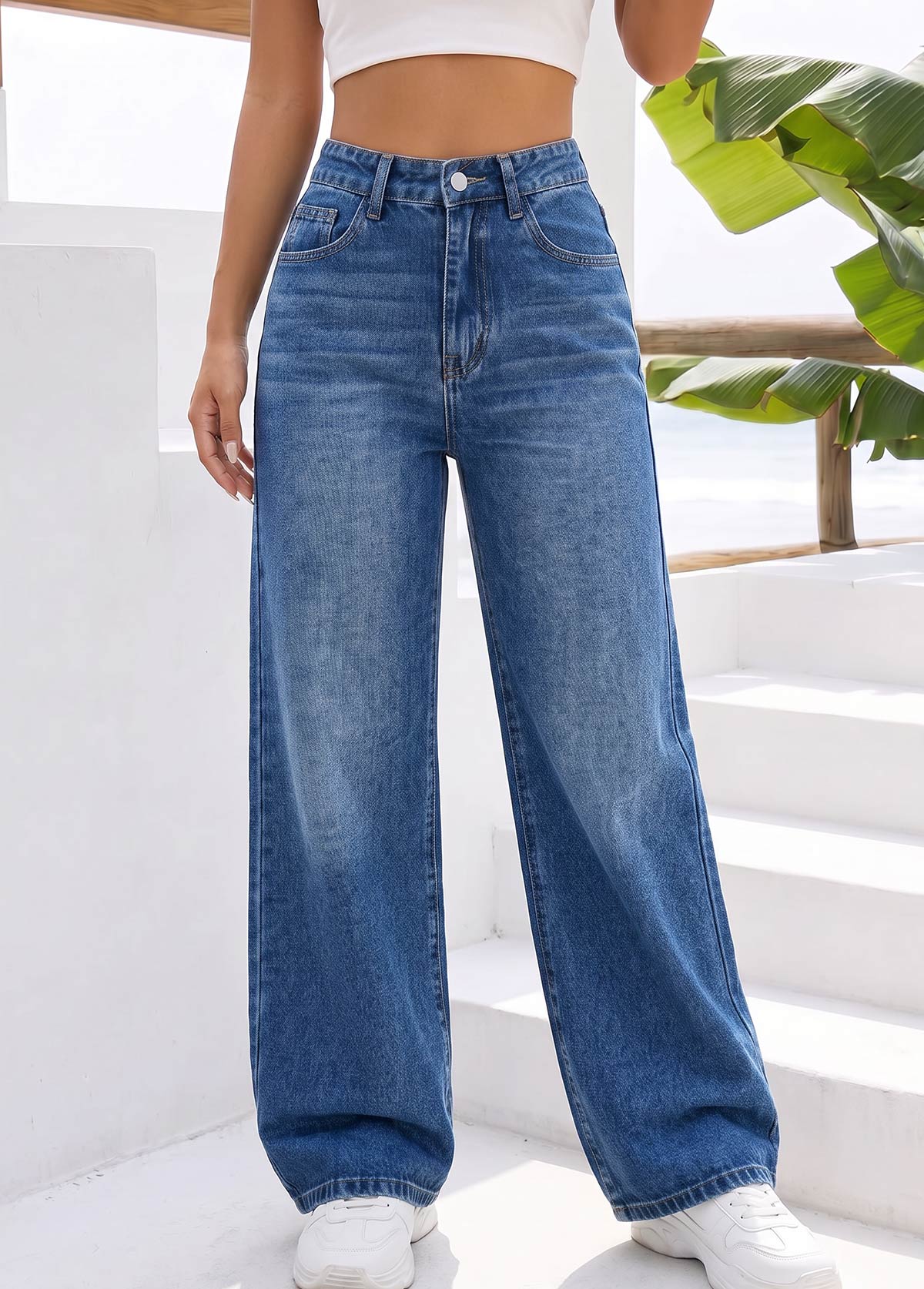 Denim Blue bottoms,Plain Color bottoms,ROTITA Soft Denim Blue Wide Leg Button Fly Jeans